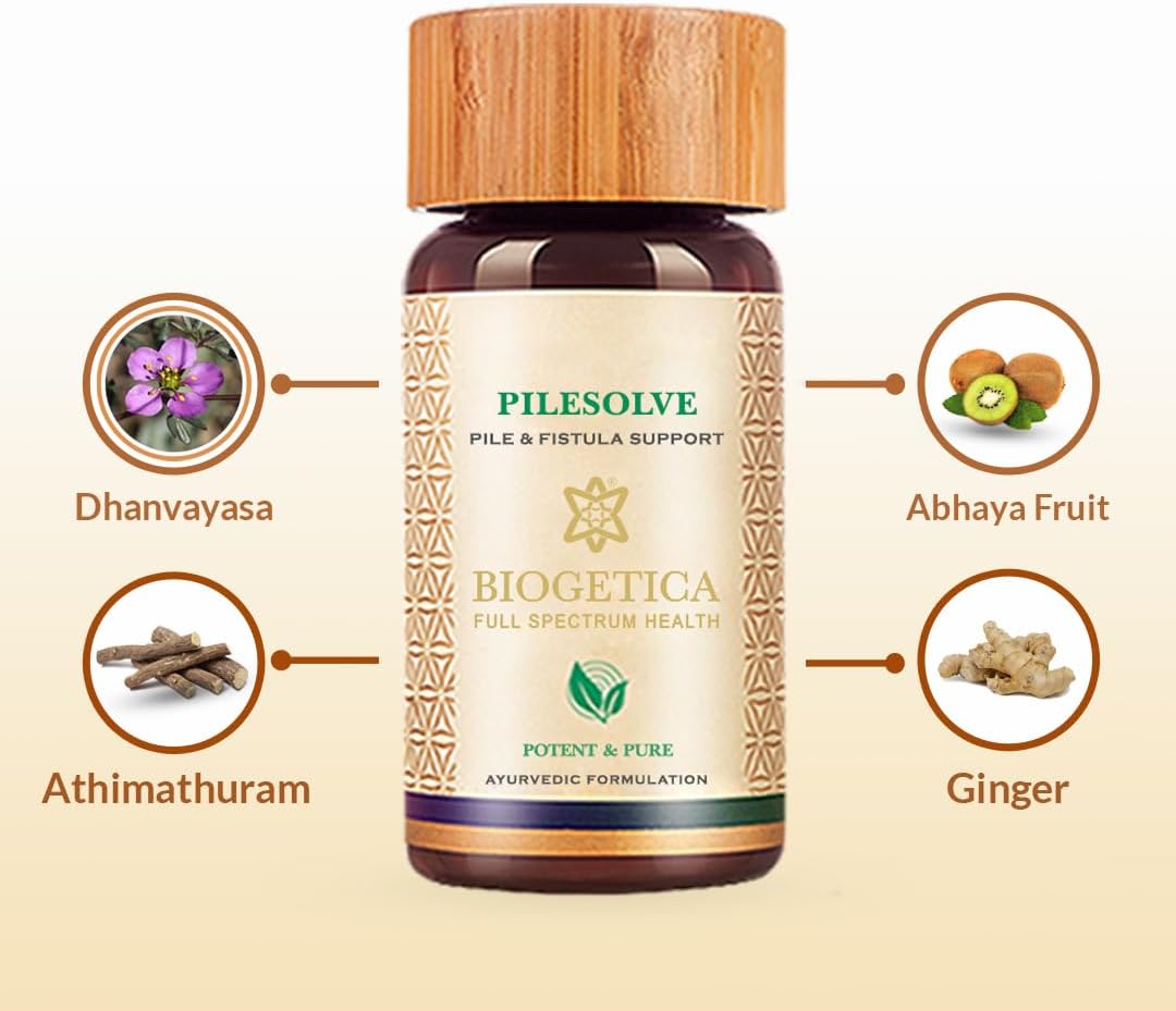 Biogetica Pilesolve Herbal Supplement with Licorice and Ginger - Non-GMO Vegan Ayurveda Powder