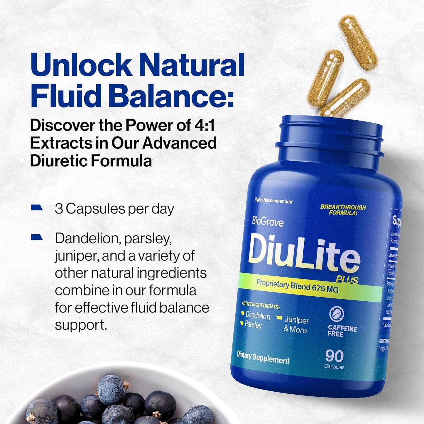BioGrove Diulite Water Pills - Reduce Swollen Feet & Legs, Water Retention & Puffiness - Easy-to-Swallow Pills for Fast Water Weight Loss - Top Quality & Value Without Side Effects