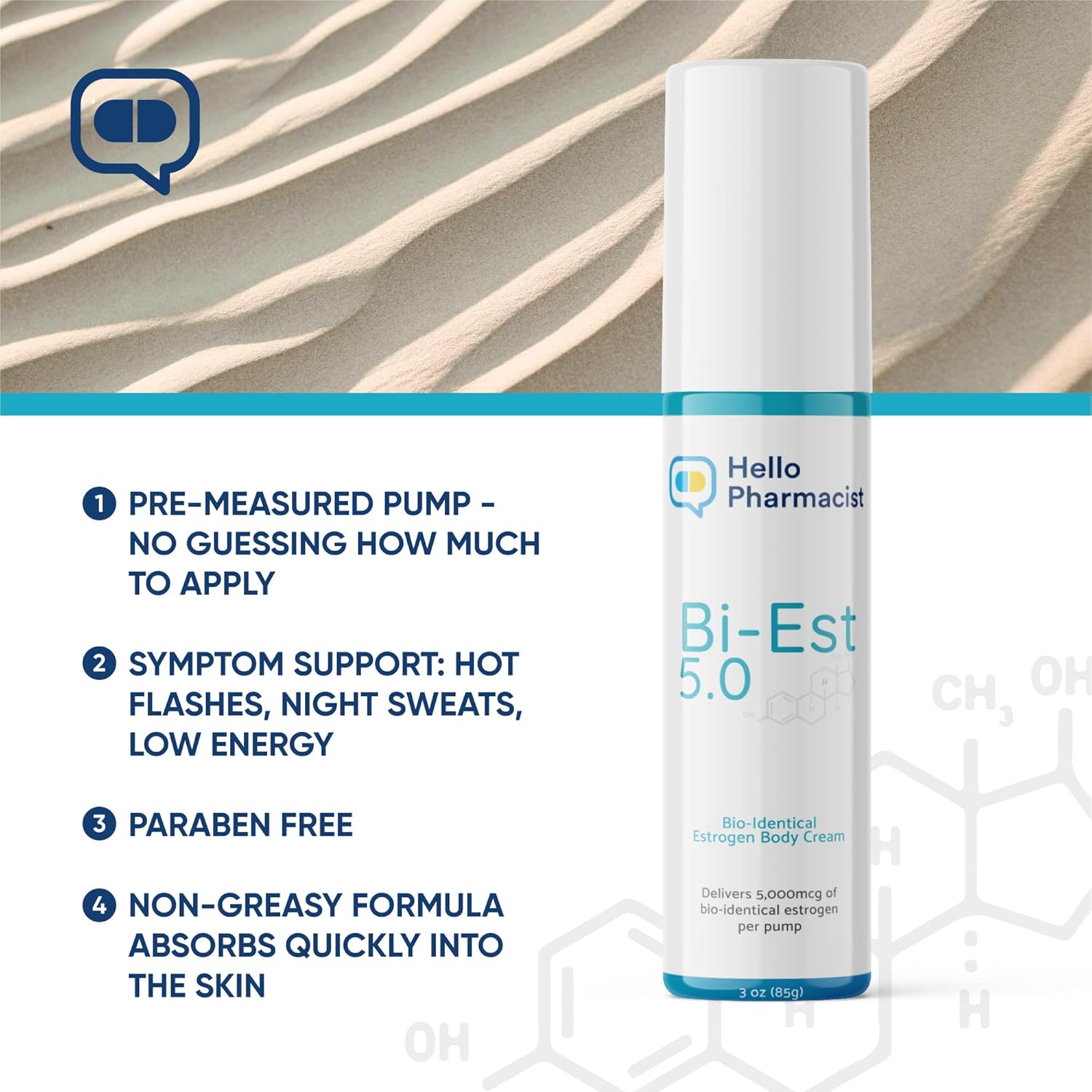 Bioidentical Bi-EST 5.0 Estrogen Cream for Menopause Relief - 5 mg Per Pump - Infused with Essential Oils and Herbs - Moisturizing Skin Treatment (3 oz/85g)