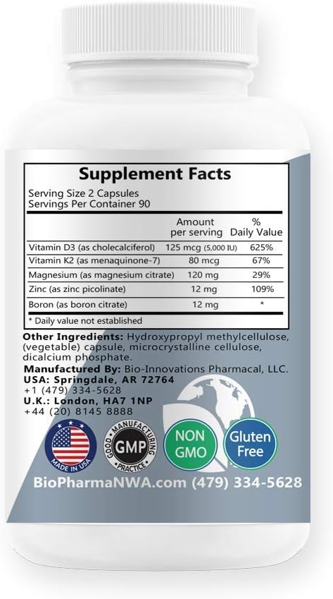 BioInnovations Pharmacal Bio-D3 Plus Boron Vitamin K2 Magnesium & Zinc Capsules - Supports Overall Health and Wellness - 180 Vegan Capsules