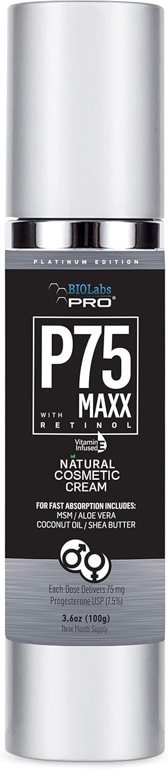 BIOLABS PRO Natural P75 Maxx Retinol Cosmetic Cream - 7000MG Progesterone - 7.5% - 3 Month Supply - Unscented - 3.6oz
