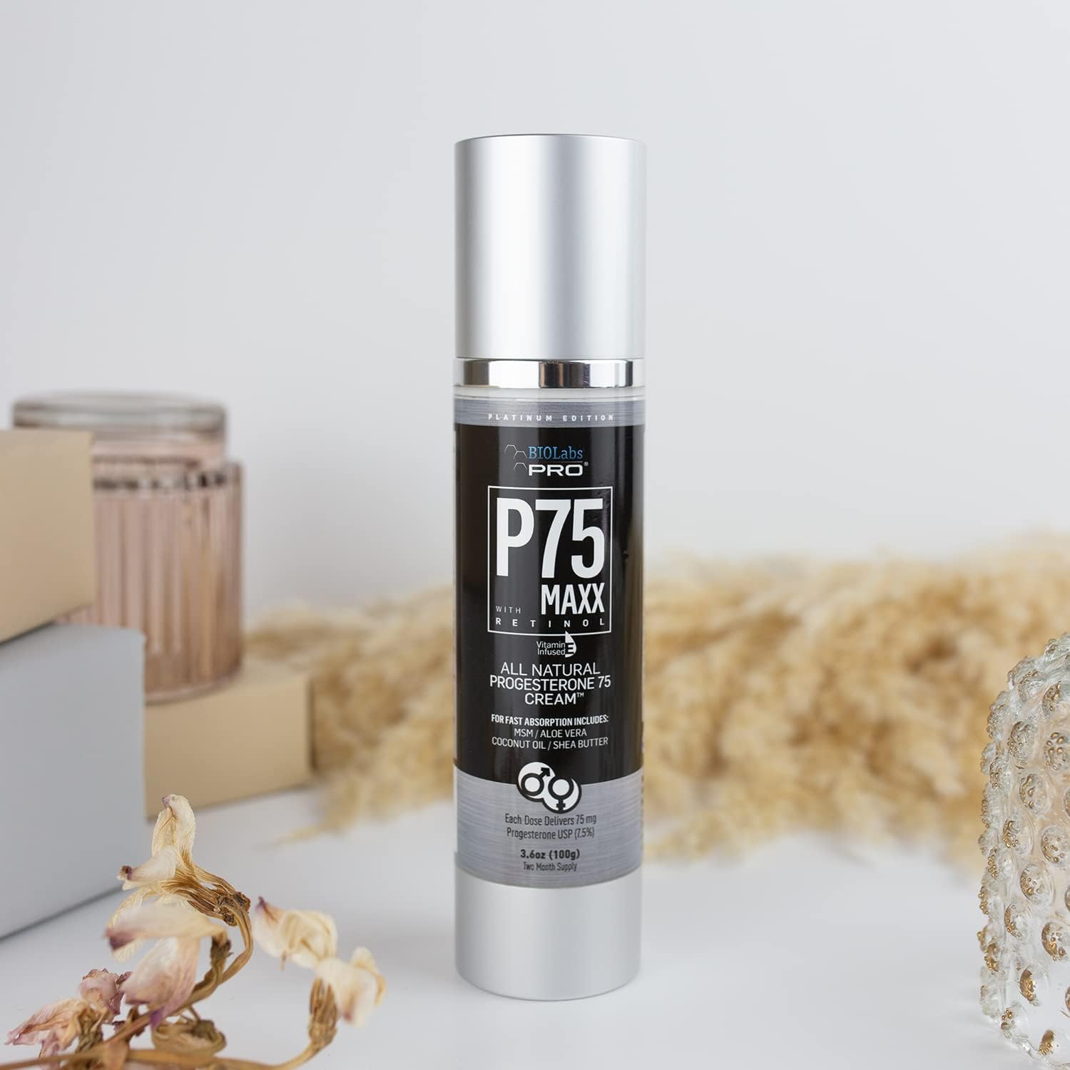 BIOLABS PRO Natural P75 Maxx Retinol Cosmetic Cream - 7000MG Progesterone - 7.5% - 3 Month Supply - Unscented - 3.6oz