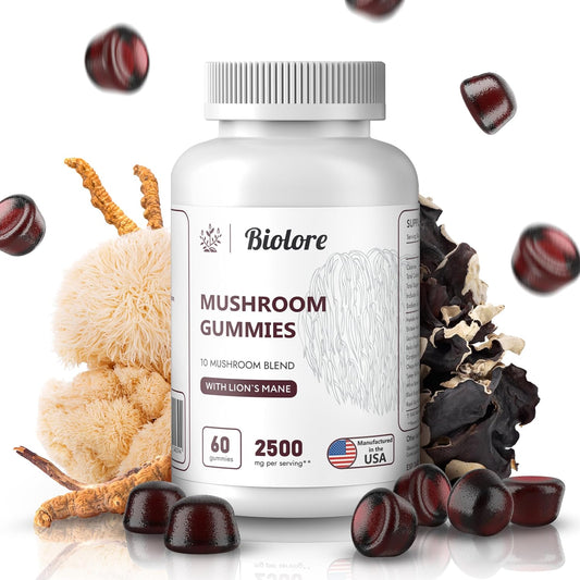 Biolore Mushroom Complex Gummies: Brain and Immune Support with 10 Powerful Mushrooms - Chaga, Lions Mane, Reishi, Cordyceps - Mushroom Superfood Pack