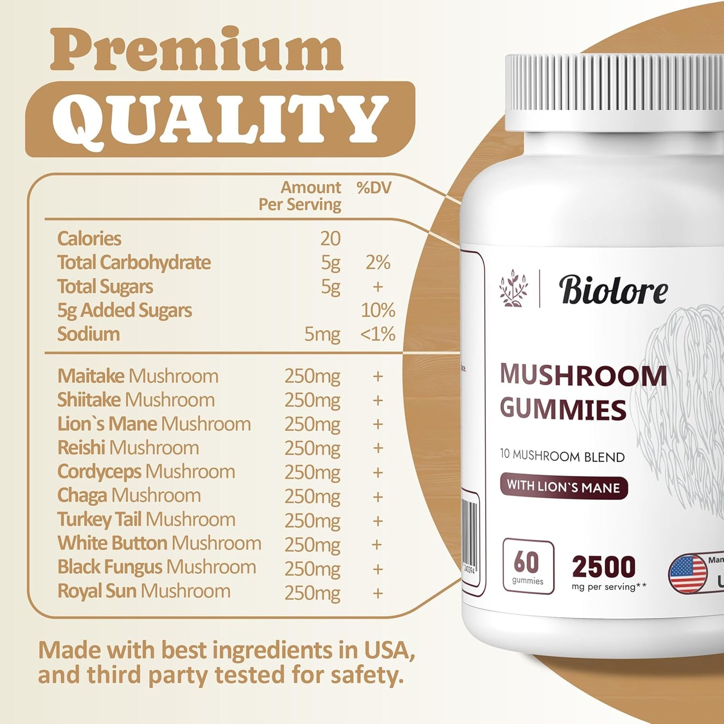 Biolore Mushroom Complex Gummies: Brain and Immune Support with 10 Powerful Mushrooms - Chaga, Lions Mane, Reishi, Cordyceps - Mushroom Superfood Pack