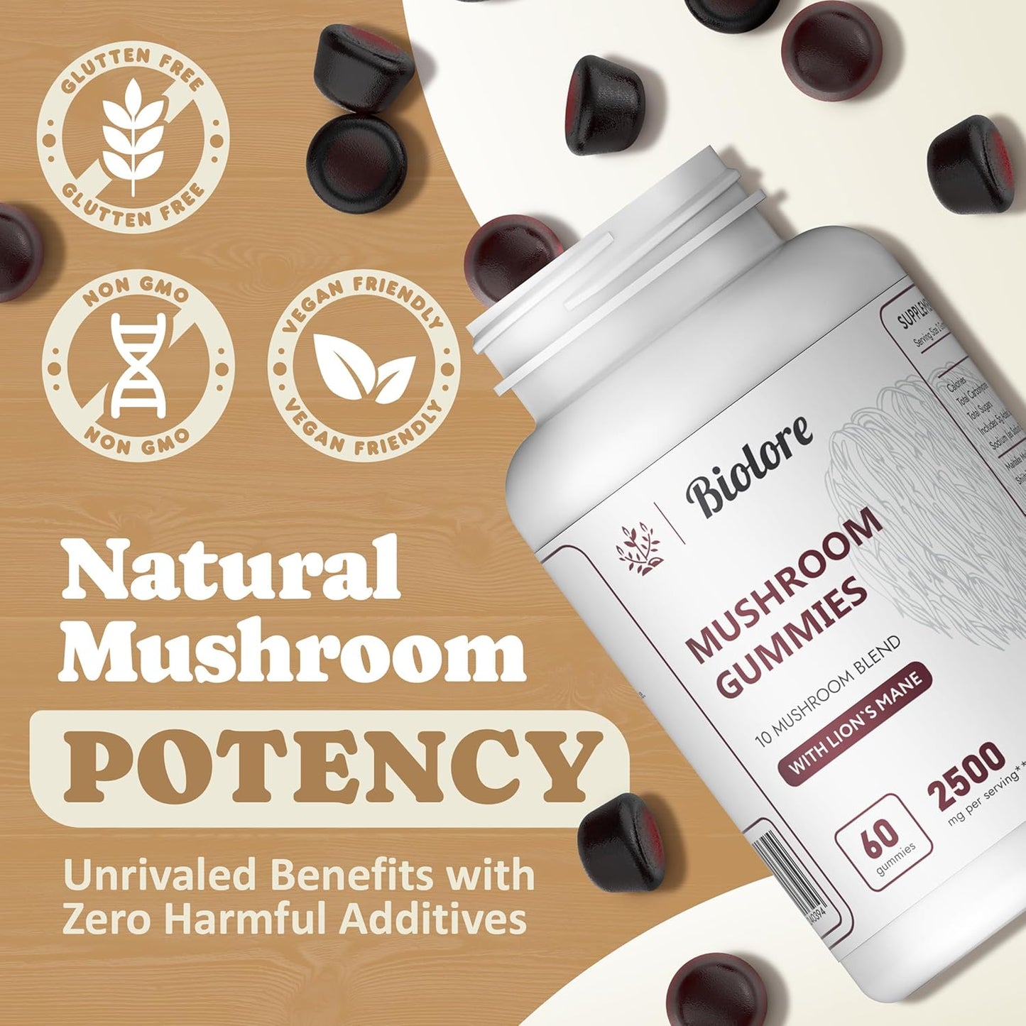 Biolore Mushroom Complex Gummies: Brain and Immune Support with 10 Powerful Mushrooms - Chaga, Lions Mane, Reishi, Cordyceps - Mushroom Superfood Pack