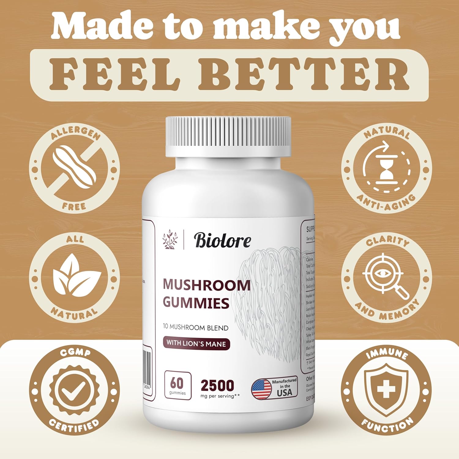 Biolore Mushroom Complex Gummies: Brain and Immune Support with 10 Powerful Mushrooms - Chaga, Lions Mane, Reishi, Cordyceps - Mushroom Superfood Pack