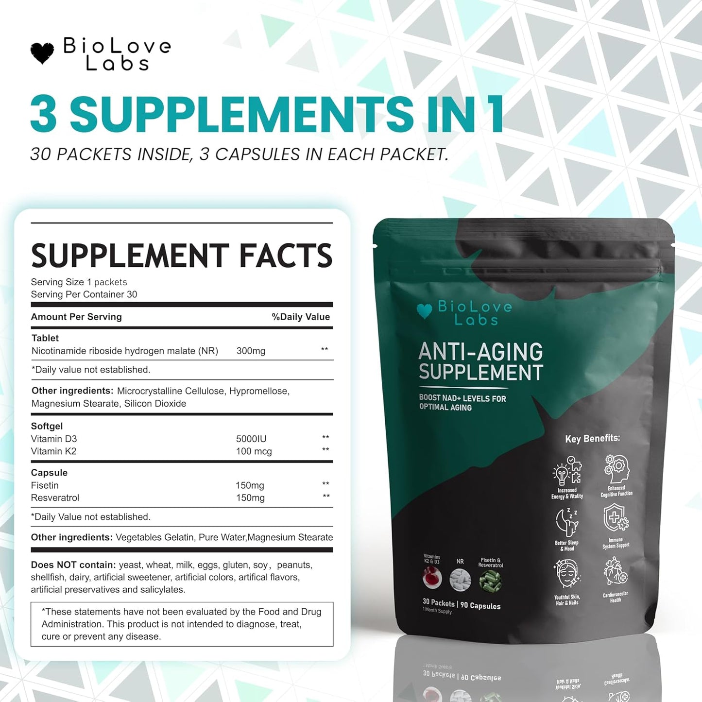 BioLove Labs NAD 3-in-1 Booster with NR, Fisetin, Resveratrol, K2 & D3 for Healthy Aging & Immune Support - 90 Capsules