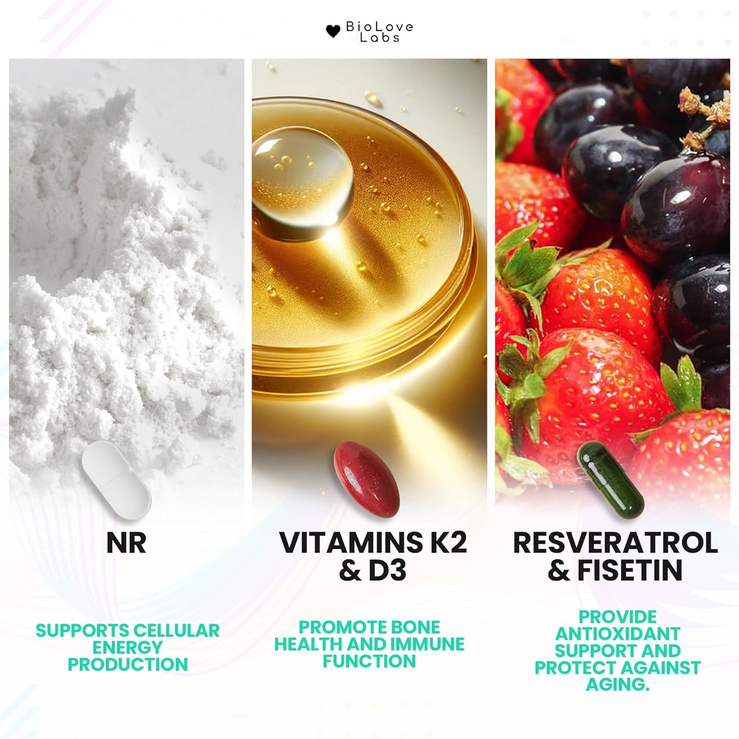 BioLove Labs NAD 3-in-1 Booster with NR, Fisetin, Resveratrol, K2 & D3 for Healthy Aging & Immune Support - 90 Capsules