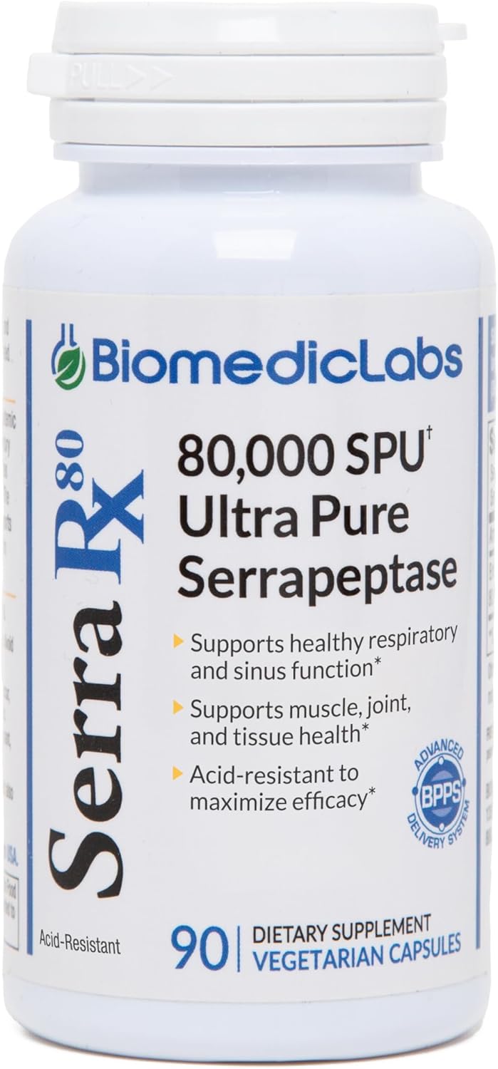 Biomedic Labs RX Serra-RX 80,000 SPU Serrapeptase Capsules for Sinus & Lung Health - Non-GMO, Gluten Free, Vegan Formula with Acid-Resistant Enzymes