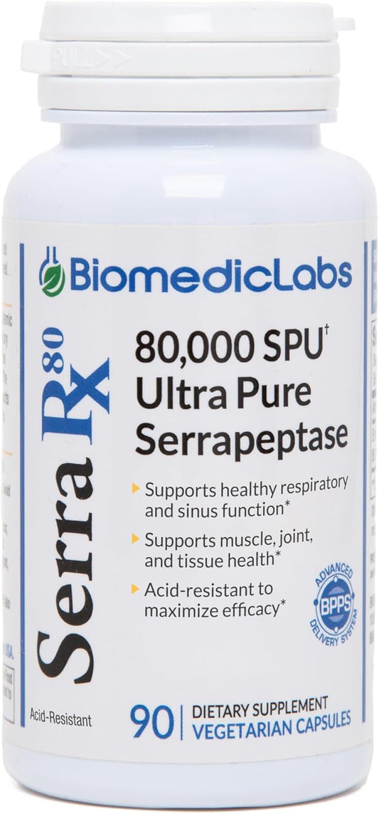 Biomedic Labs RX Serra-RX 80,000 SPU Serrapeptase Capsules for Sinus & Lung Health - Non-GMO, Gluten Free, Vegan Formula with Acid-Resistant Enzymes