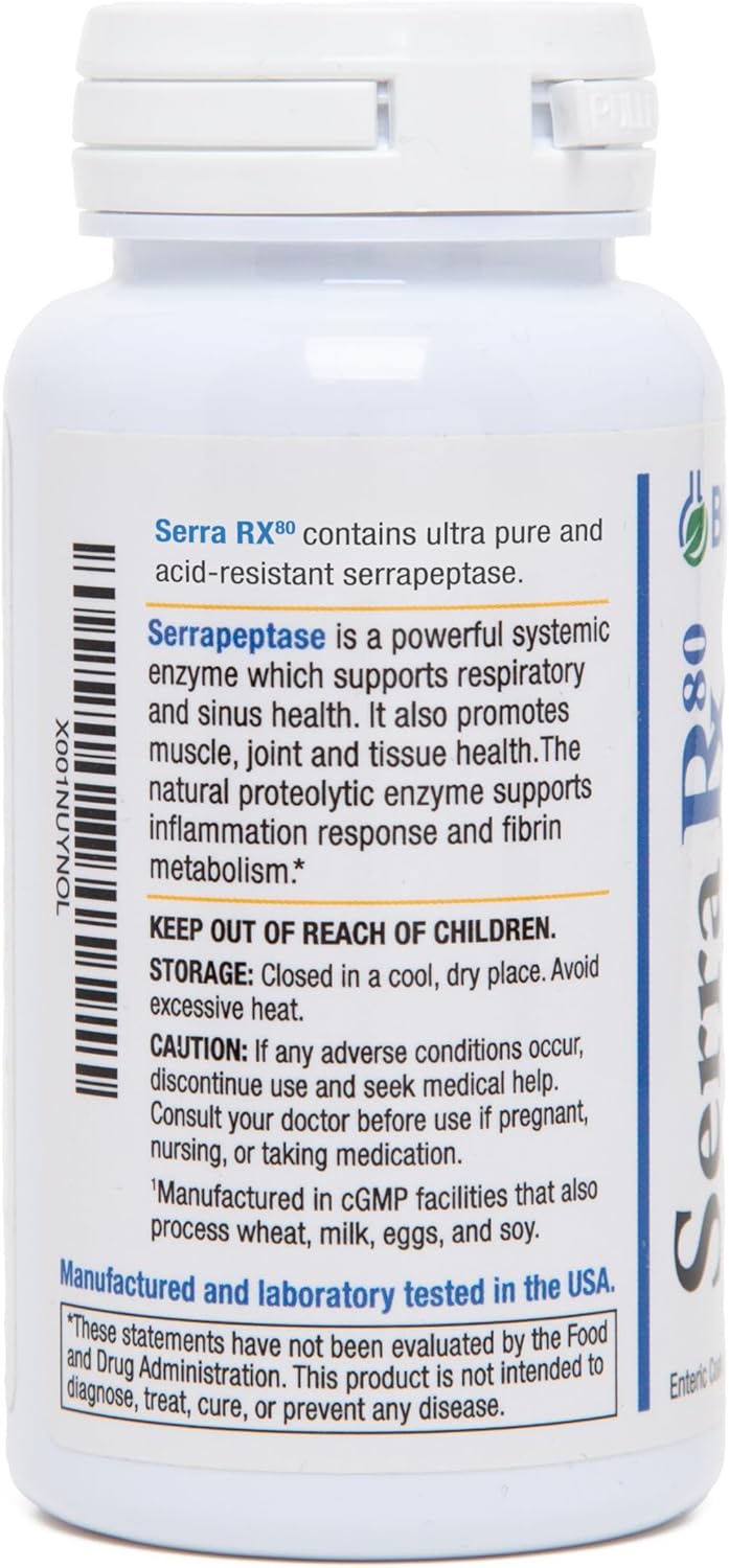 Biomedic Labs RX Serra-RX 80,000 SPU Serrapeptase Capsules for Sinus & Lung Health - Non-GMO, Gluten Free, Vegan Formula with Acid-Resistant Enzymes