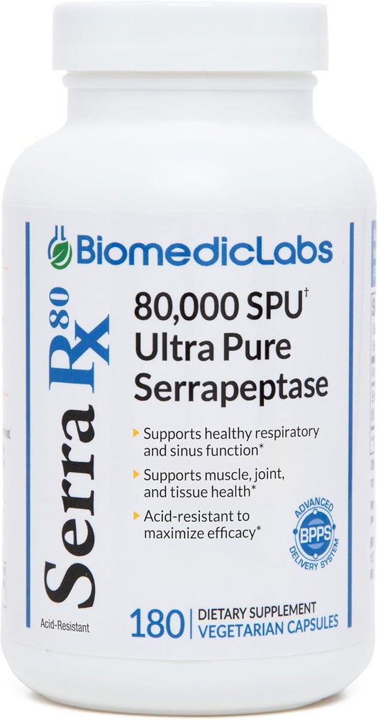 Biomedic Labs RX Serra-RX 80,000 SU Serrapeptase - Enzyme for Sinus & Lung Health, 180 Capsules, Non-GMO, Gluten-Free, Vegan