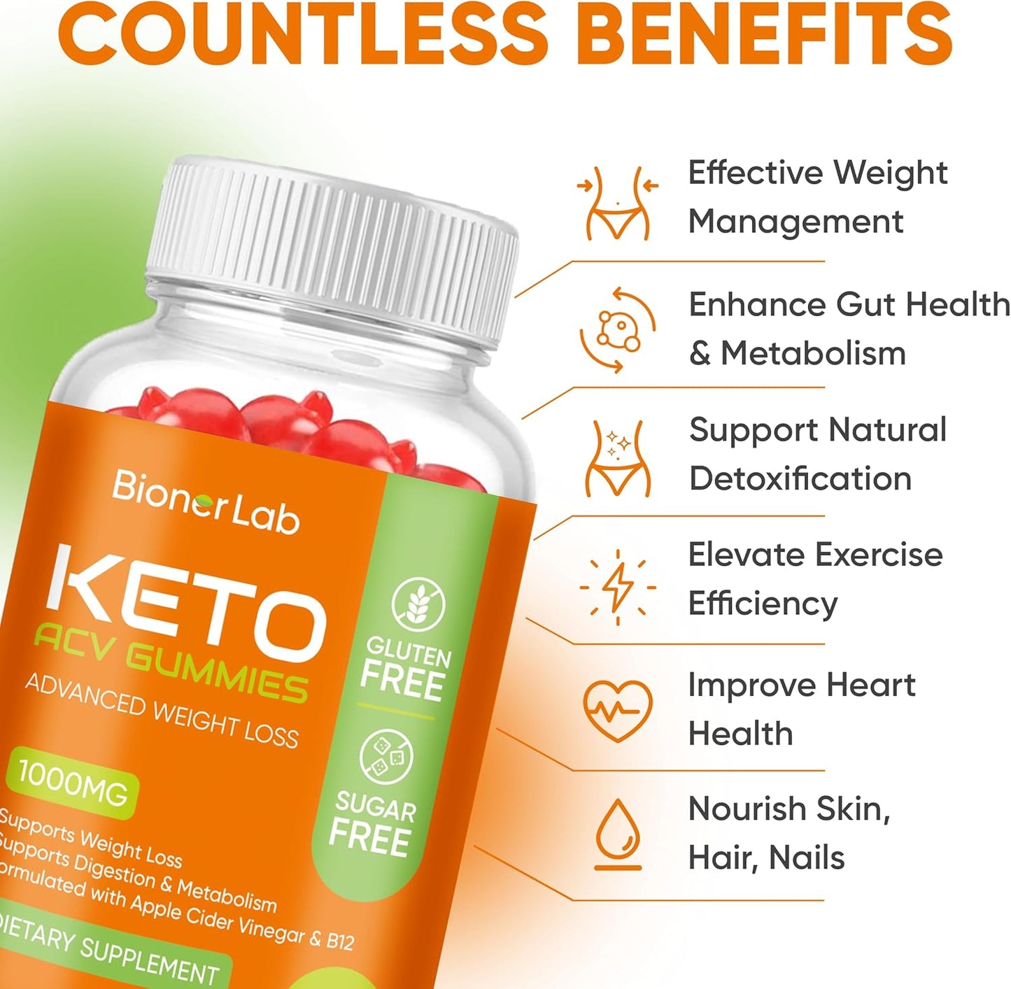 BionerLab Keto ACV Gummies - Pro Active Super Apple Cider Vinegar Supplement (1000MG) for Men Women - Supports Digestion, Metabolism, Hair, and Skin Health - Sugar and Gluten Free