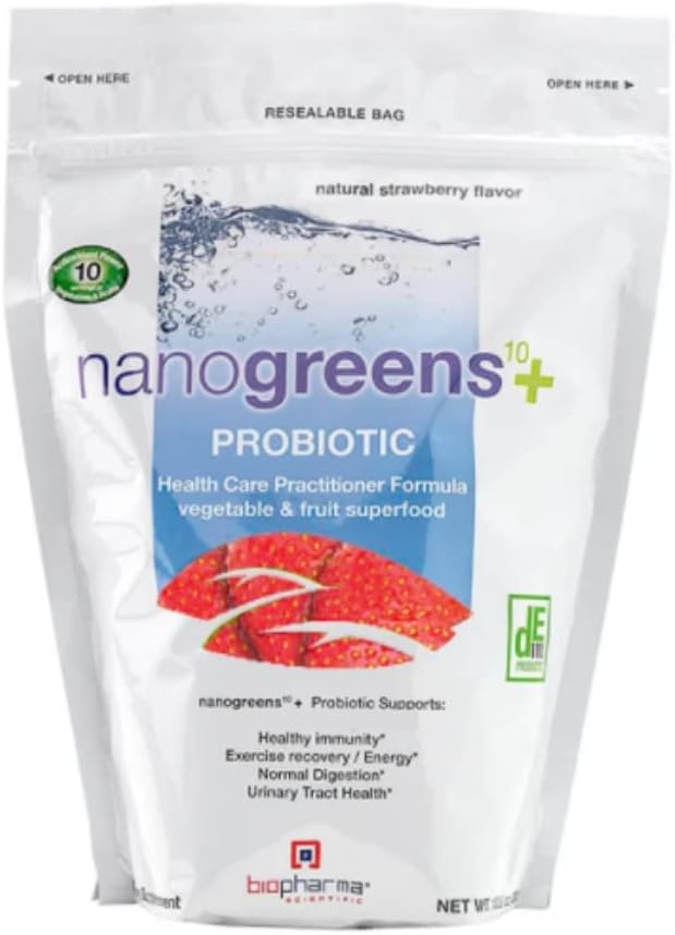 Biopharma Scientific Nanogreens+Probiotic: Greens Superfood Smoothie Mix with Probiotics, Spirulina, Chlorella, Strawberry Flavor - 30 Servings