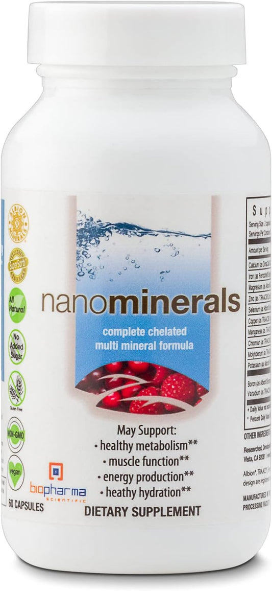 Biopharma Scientific NanoMinerals Chelated Multi-Mineral Capsules - 30 Servings with Calcium, Iron, Magnesium, Zinc, Potassium, Manganese, Chromium, Copper