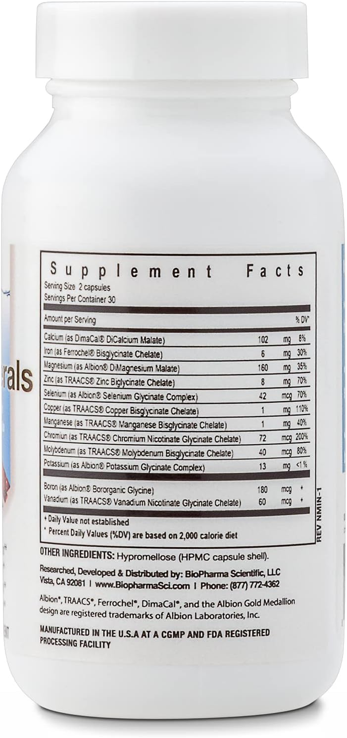 Biopharma Scientific NanoMinerals Chelated Multi-Mineral Capsules - 30 Servings with Calcium, Iron, Magnesium, Zinc, Potassium, Manganese, Chromium, Copper