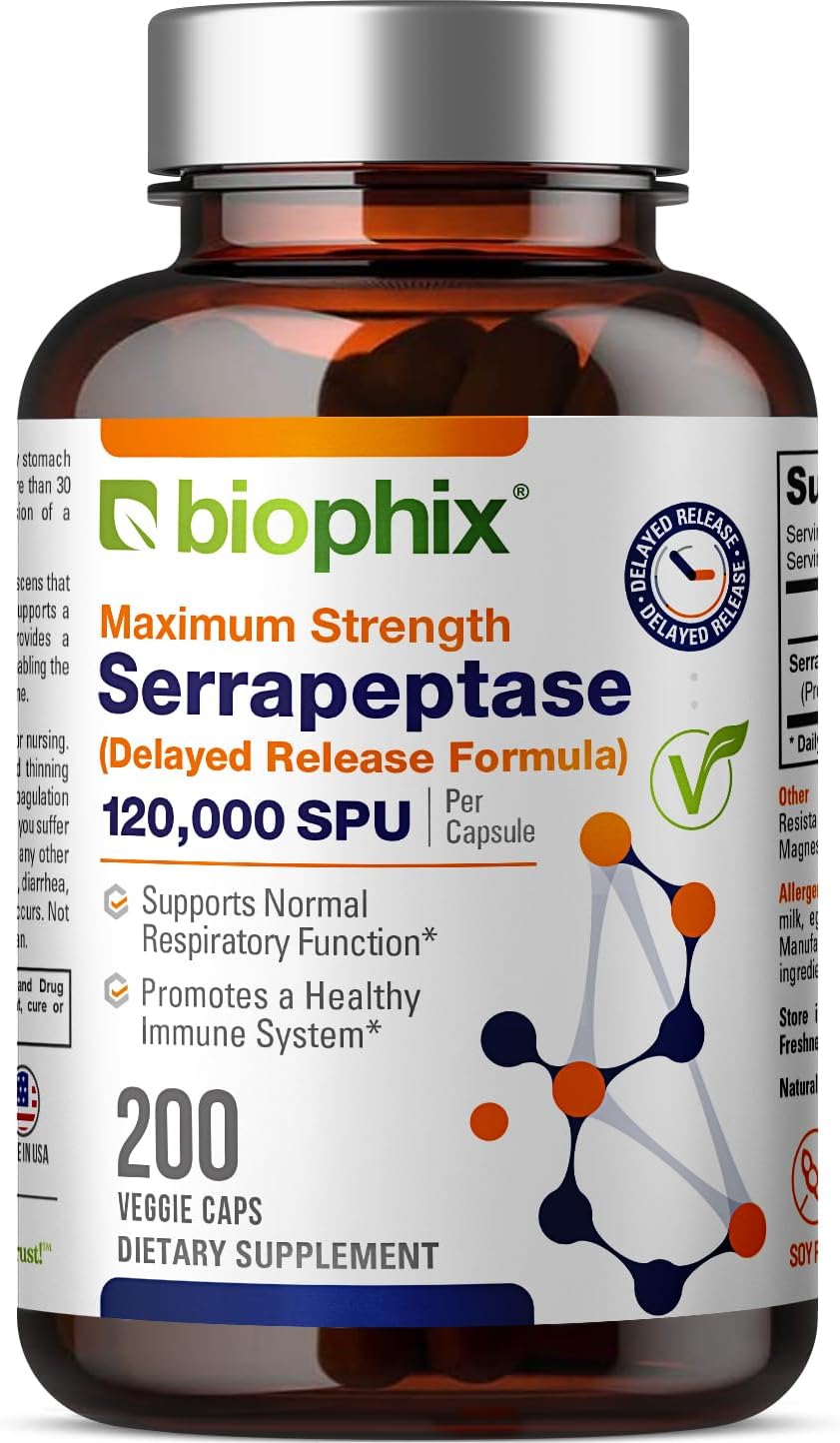Biophix Serrapeptase 120000 SPU Maximum Strength 200 Veggie Capsules - Delayed Release for Natural Enzyme Support