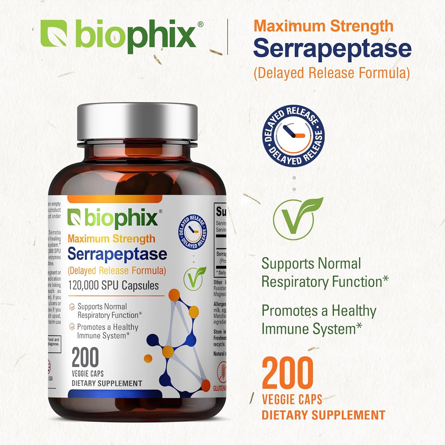 Biophix Serrapeptase 120000 SPU Maximum Strength 200 Veggie Capsules - Delayed Release for Natural Enzyme Support