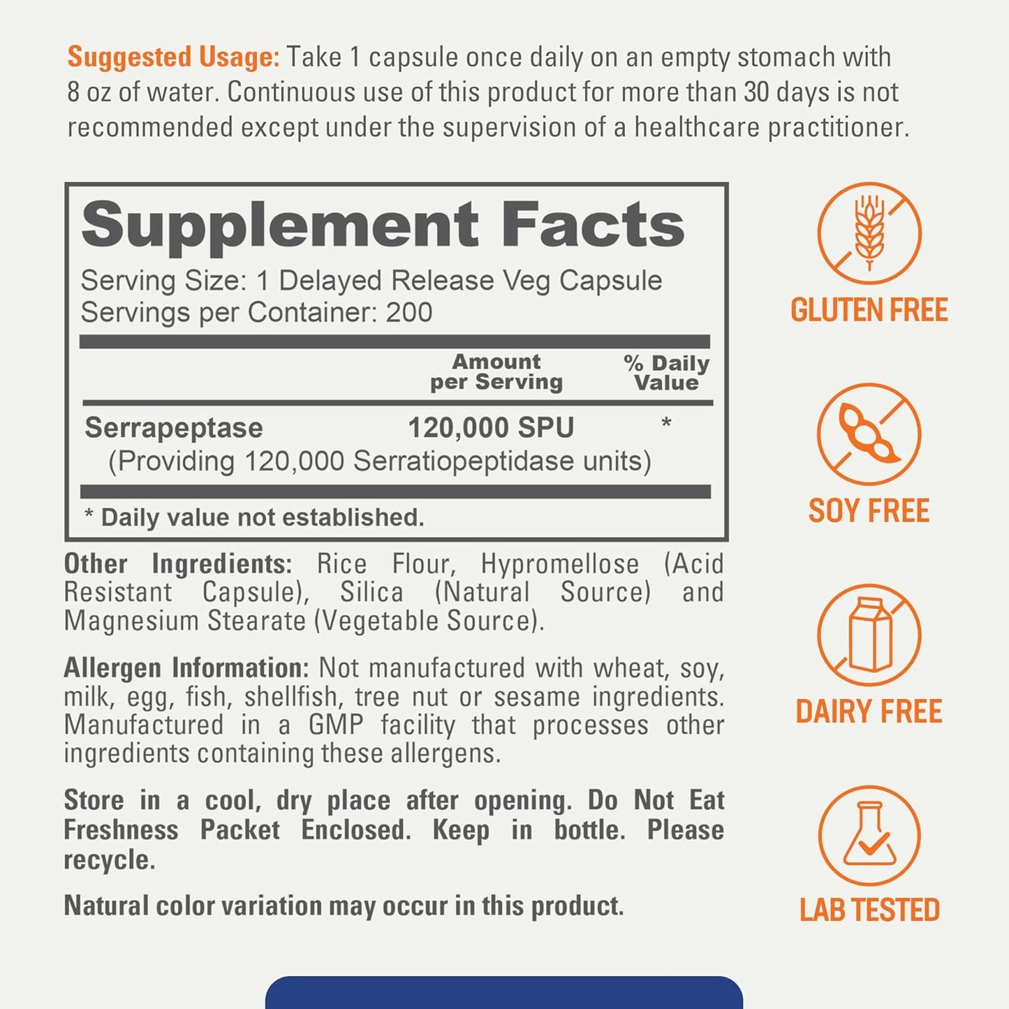 Biophix Serrapeptase 120000 SPU Maximum Strength 200 Veggie Capsules - Delayed Release for Natural Enzyme Support