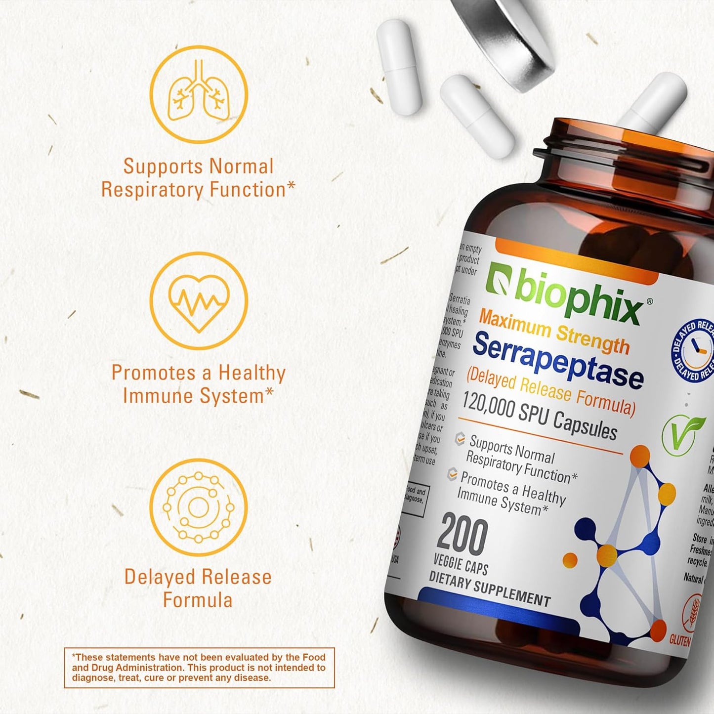 Biophix Serrapeptase 120000 SPU Maximum Strength 200 Veggie Capsules - Delayed Release for Natural Enzyme Support