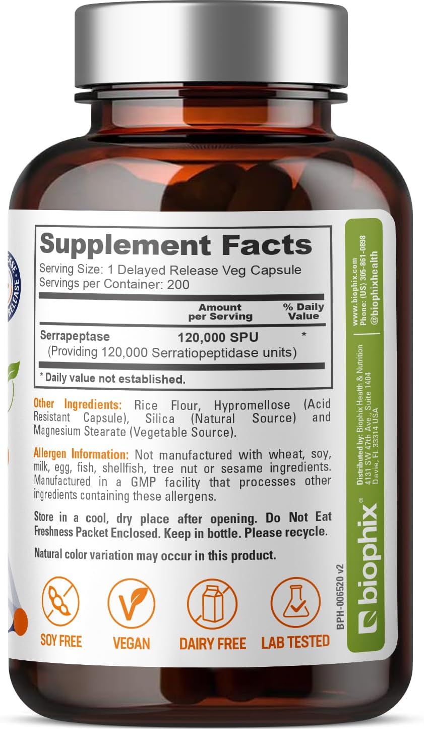 Biophix Serrapeptase 120000 SPU Maximum Strength 200 Veggie Capsules - Delayed Release for Natural Enzyme Support