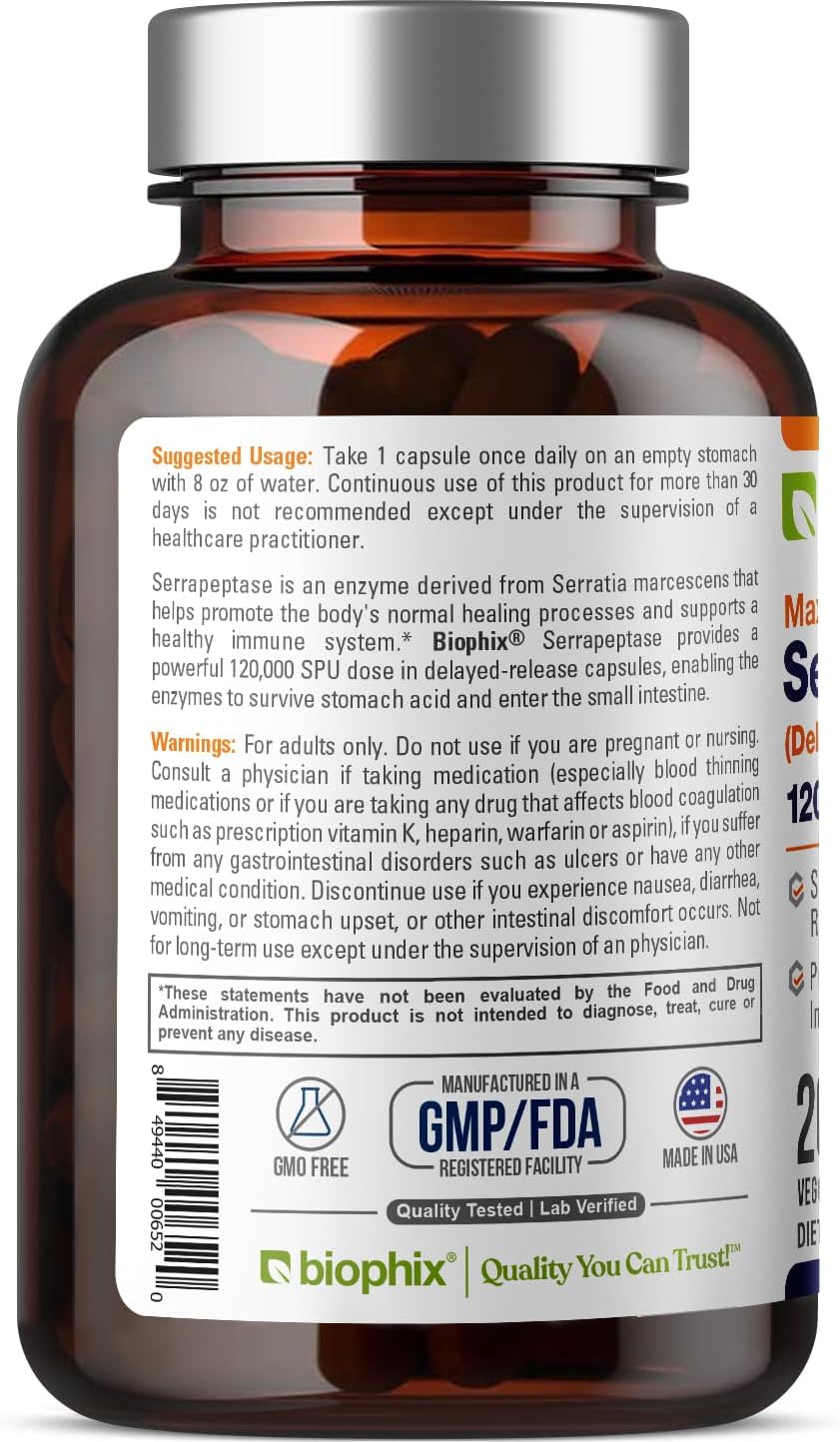 Biophix Serrapeptase 120000 SPU Maximum Strength 200 Veggie Capsules - Delayed Release for Natural Enzyme Support
