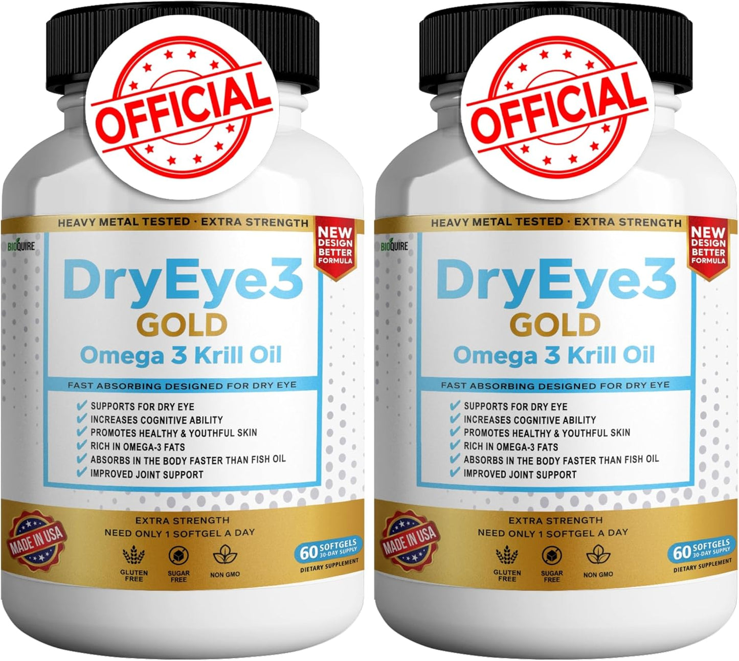 BIOQUIRE Dry Eye Support Softgels with Extra Strength Omega 3 Krill Oil - 60 Count - Non-GMO & Gluten Free