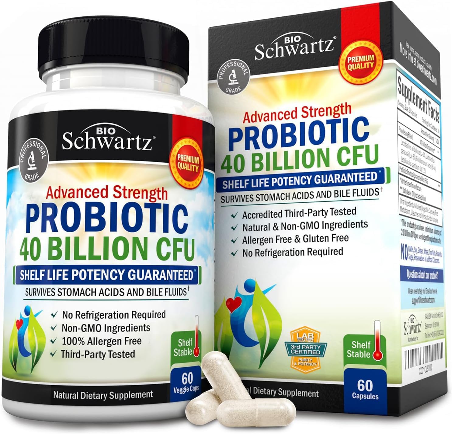 BioSchwartz 40 Billion CFU Probiotic Supplement with Astragalus and Lactobacillus Acidophilus for Women and Men - Shelf Stable Digestive Health Complex with Prebiotics