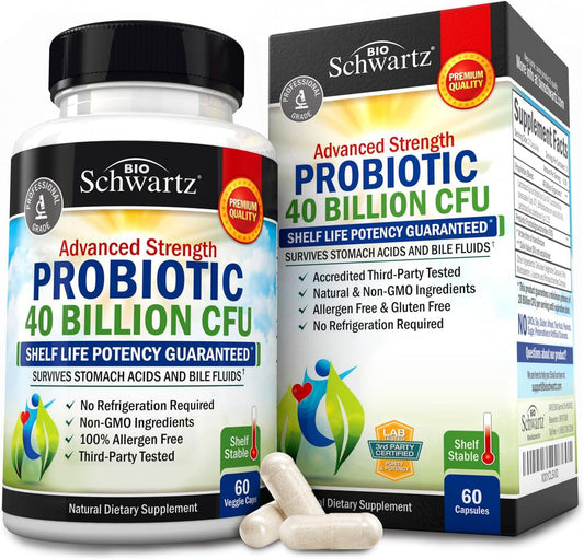 BioSchwartz 40 Billion CFU Probiotic Supplement with Astragalus and Lactobacillus Acidophilus for Women and Men - Shelf Stable Digestive Health Complex with Prebiotics