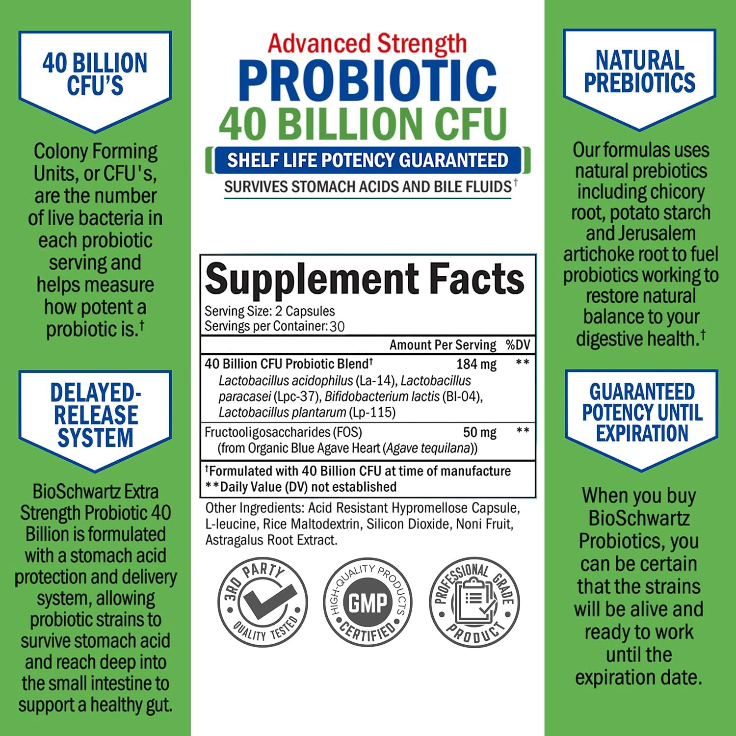 BioSchwartz 40 Billion CFU Probiotic Supplement with Astragalus and Lactobacillus Acidophilus for Women and Men - Shelf Stable Digestive Health Complex with Prebiotics