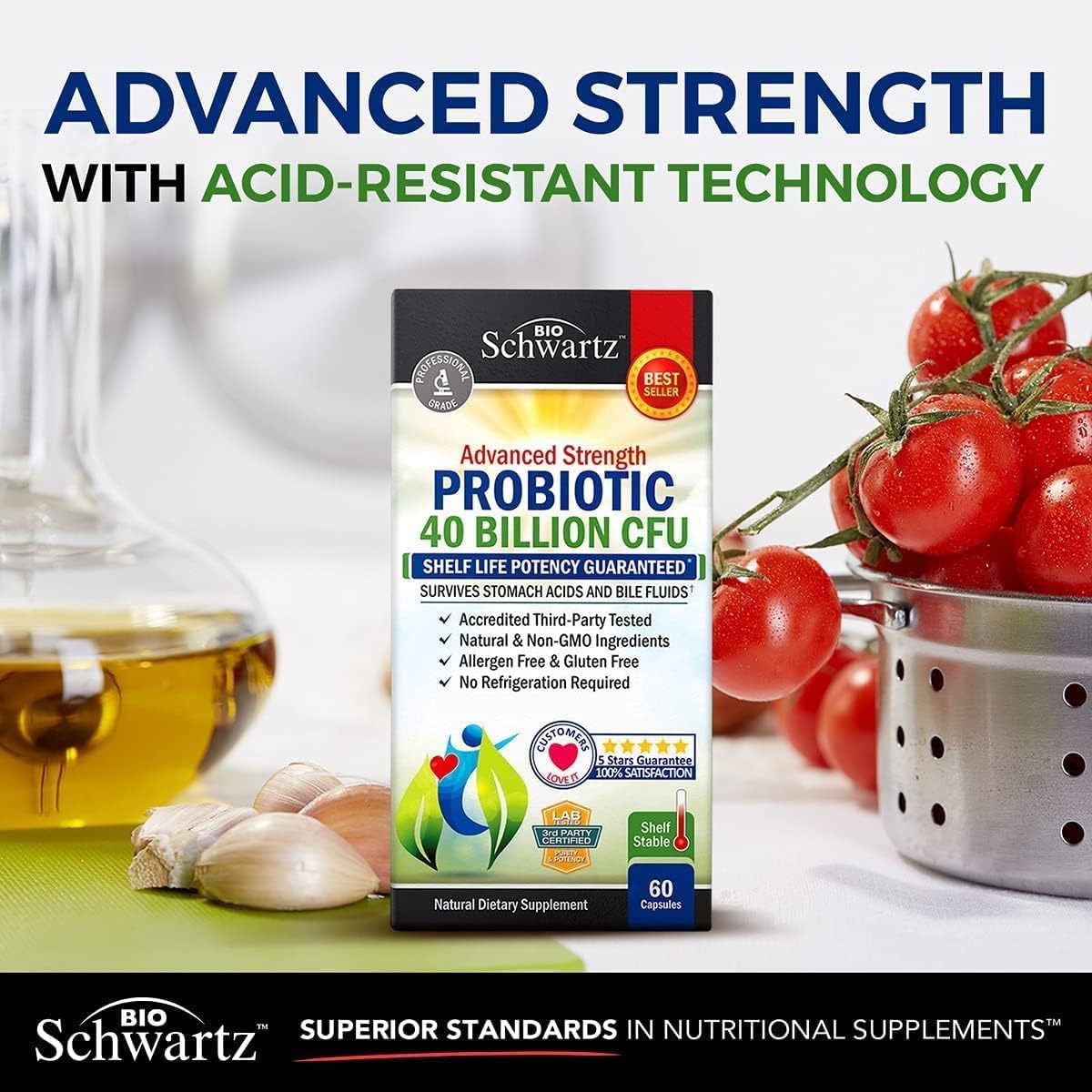 BioSchwartz 40 Billion CFU Probiotic Supplement with Astragalus and Lactobacillus Acidophilus for Women and Men - Shelf Stable Digestive Health Complex with Prebiotics