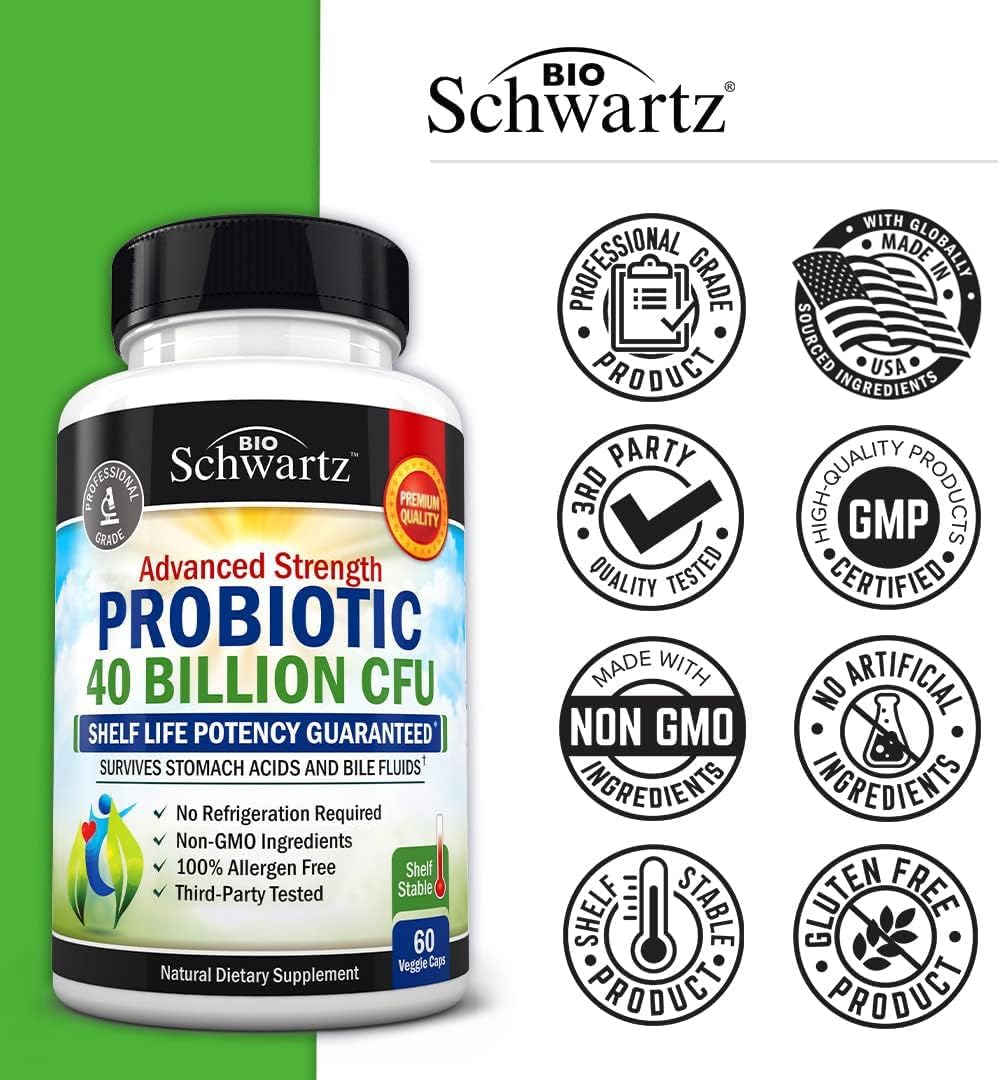 BioSchwartz 40 Billion CFU Probiotic Supplement with Astragalus and Lactobacillus Acidophilus for Women and Men - Shelf Stable Digestive Health Complex with Prebiotics