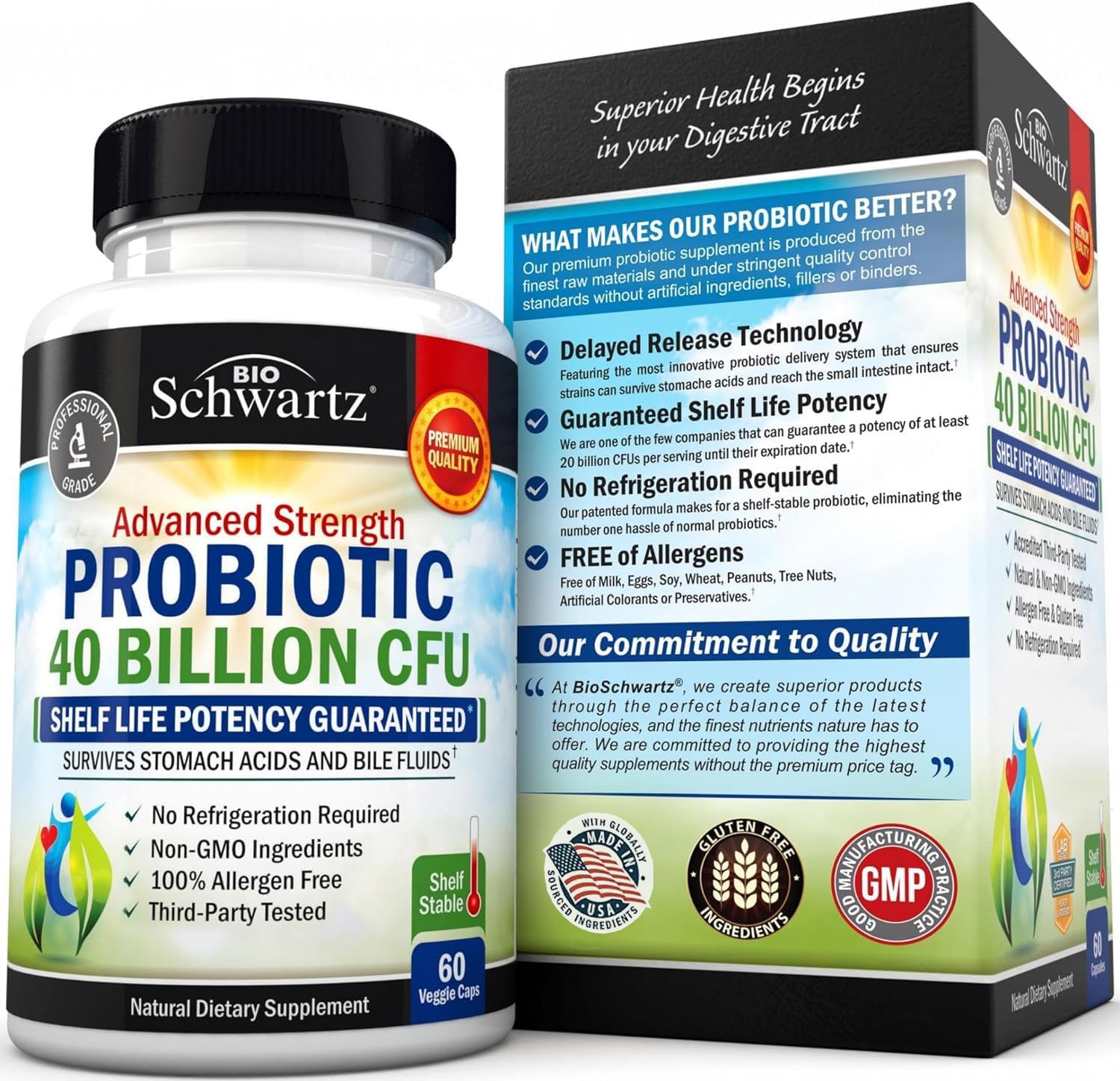 BioSchwartz 40 Billion CFU Probiotic Supplement with Astragalus and Lactobacillus Acidophilus for Women and Men - Shelf Stable Digestive Health Complex with Prebiotics