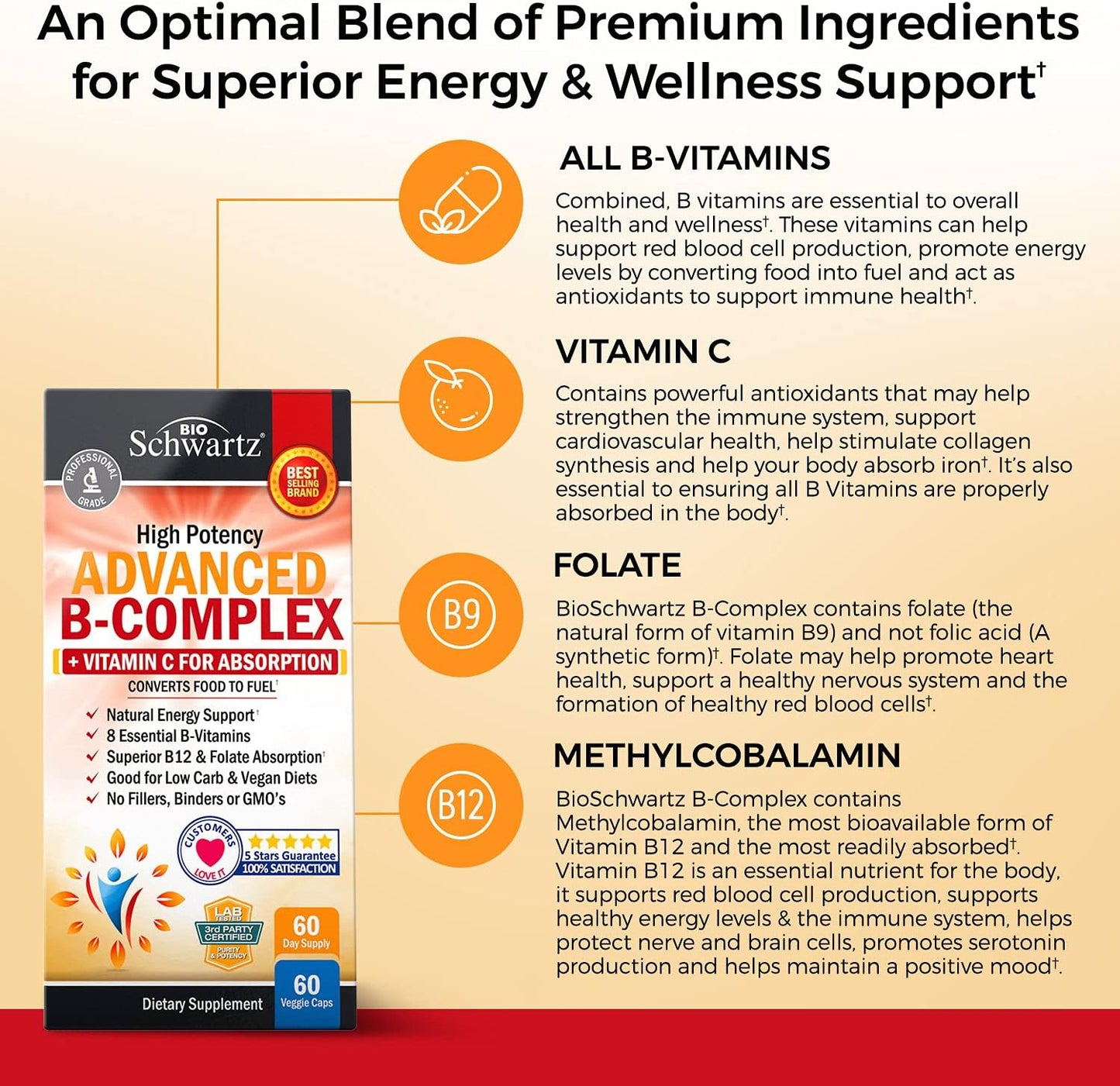 BioSchwartz Advanced Strength Pre and Probiotics Supplement with Digestive Enzymes and Vitamin B Complex + C (4 Month Supply)