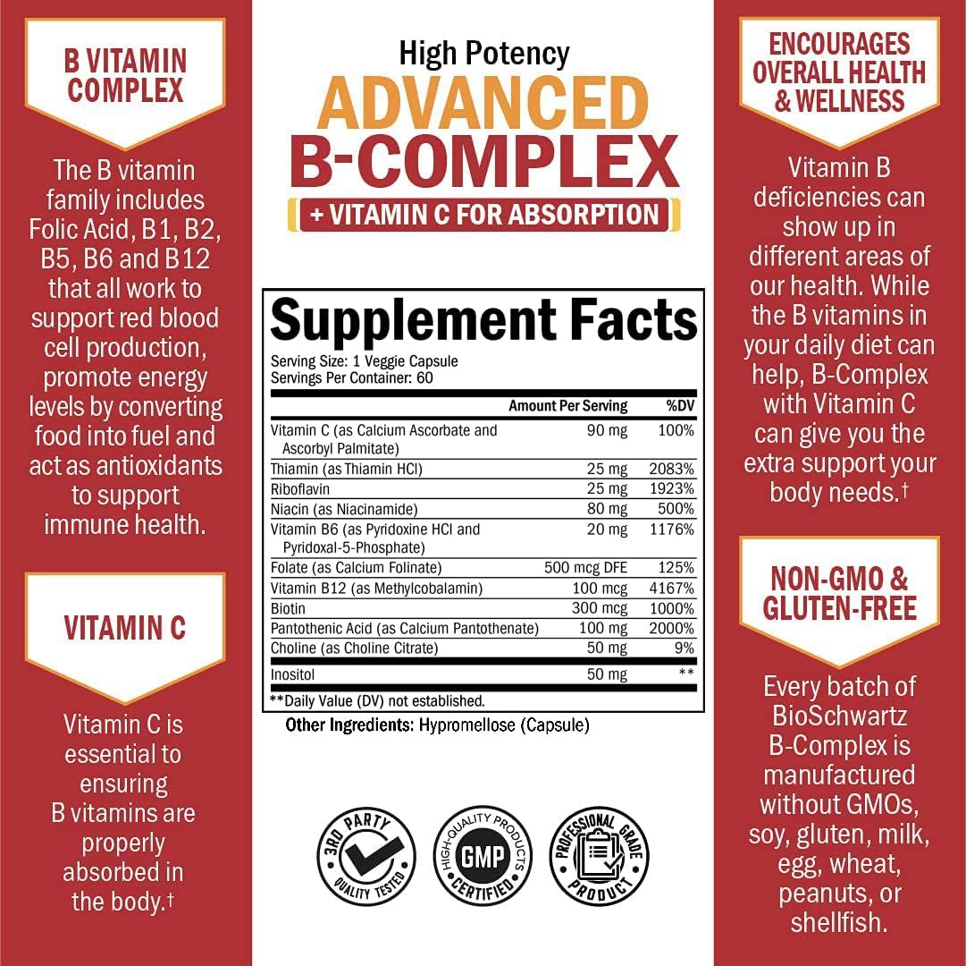 BioSchwartz Advanced Strength Pre and Probiotics Supplement with Digestive Enzymes and Vitamin B Complex + C (4 Month Supply)
