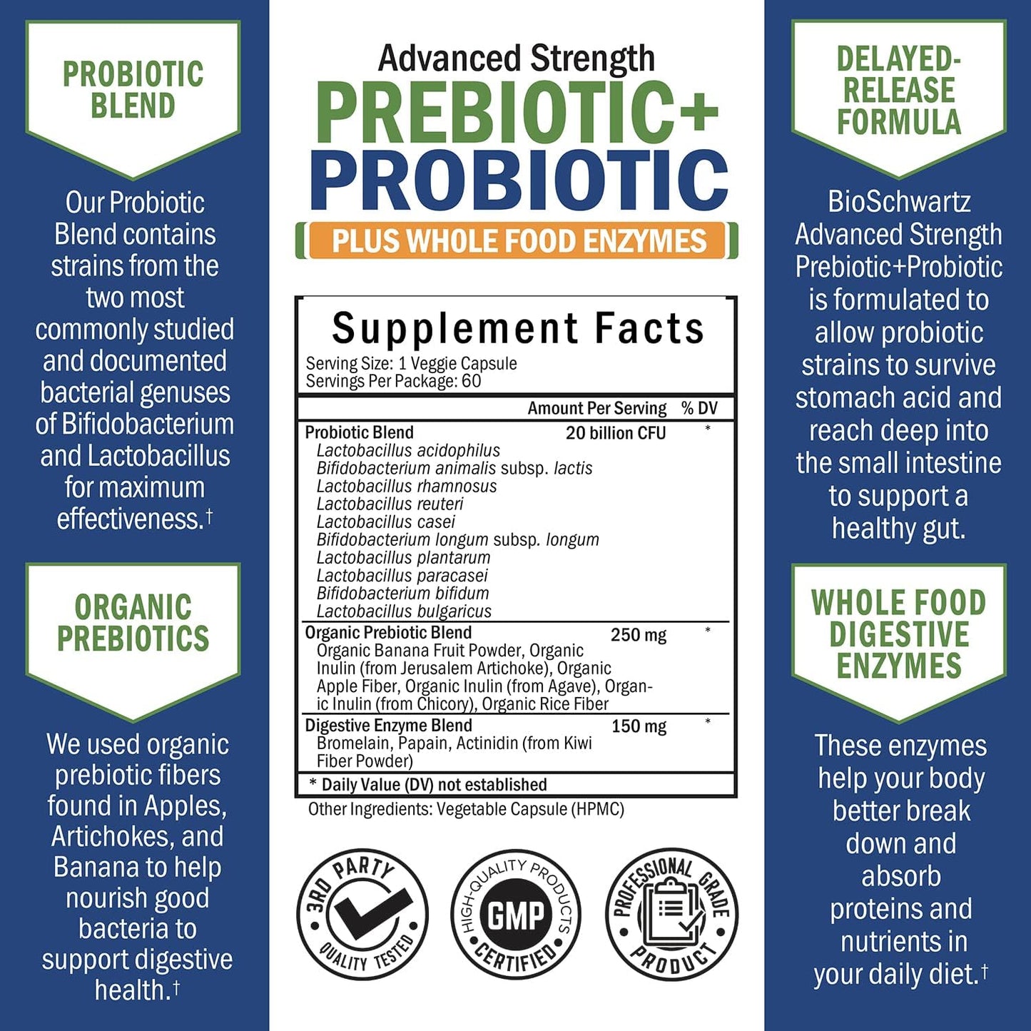 BioSchwartz Advanced Strength Pre and Probiotics Supplement with Digestive Enzymes and Vitamin B Complex + C (4 Month Supply)
