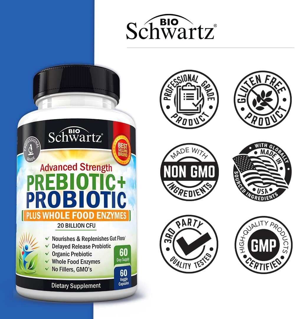 BioSchwartz Advanced Strength Pre and Probiotics Supplement with Digestive Enzymes and Vitamin B Complex + C (4 Month Supply)