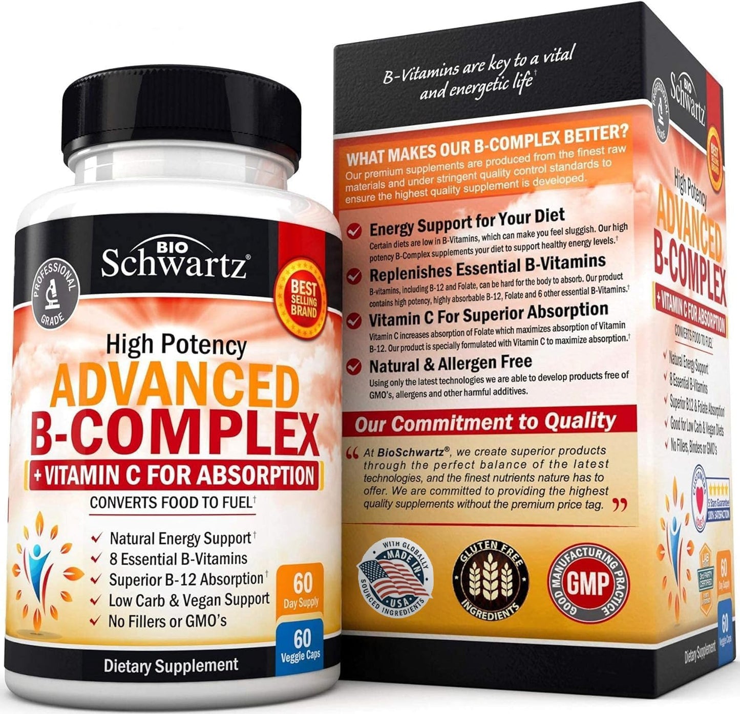 BioSchwartz Advanced Strength Pre and Probiotics Supplement with Digestive Enzymes and Vitamin B Complex + C (4 Month Supply)