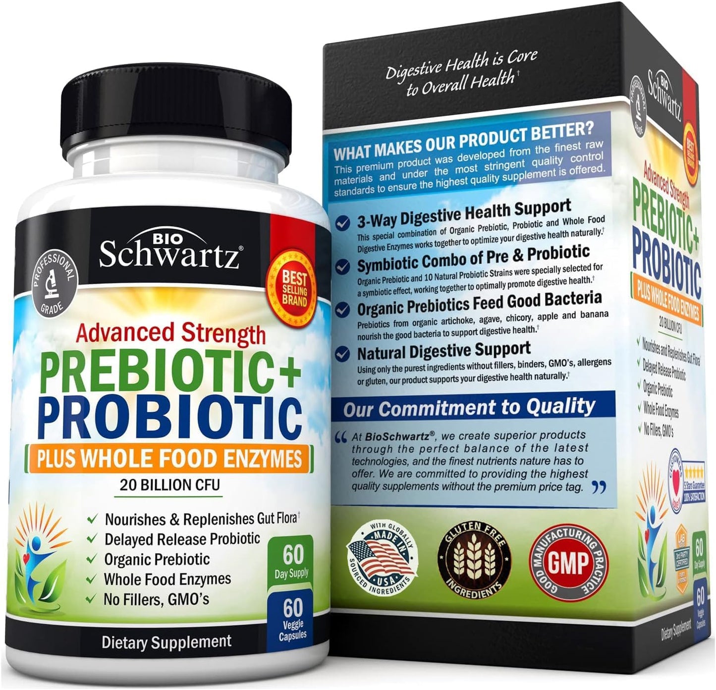BioSchwartz Advanced Strength Pre and Probiotics Supplement with Digestive Enzymes and Vitamin B Complex + C (4 Month Supply)