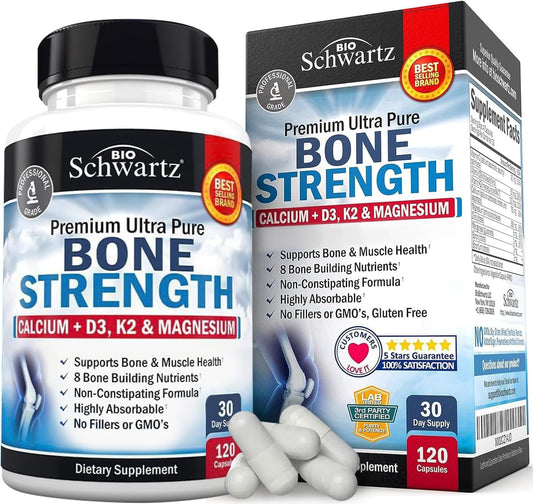 BioSchwartz Bone Strength Calcium Supplement with Vitamin D3, K2, C, Magnesium, Zinc - 8 Bone Health Nutrients, High Absorption - 120 Veggie Capsules