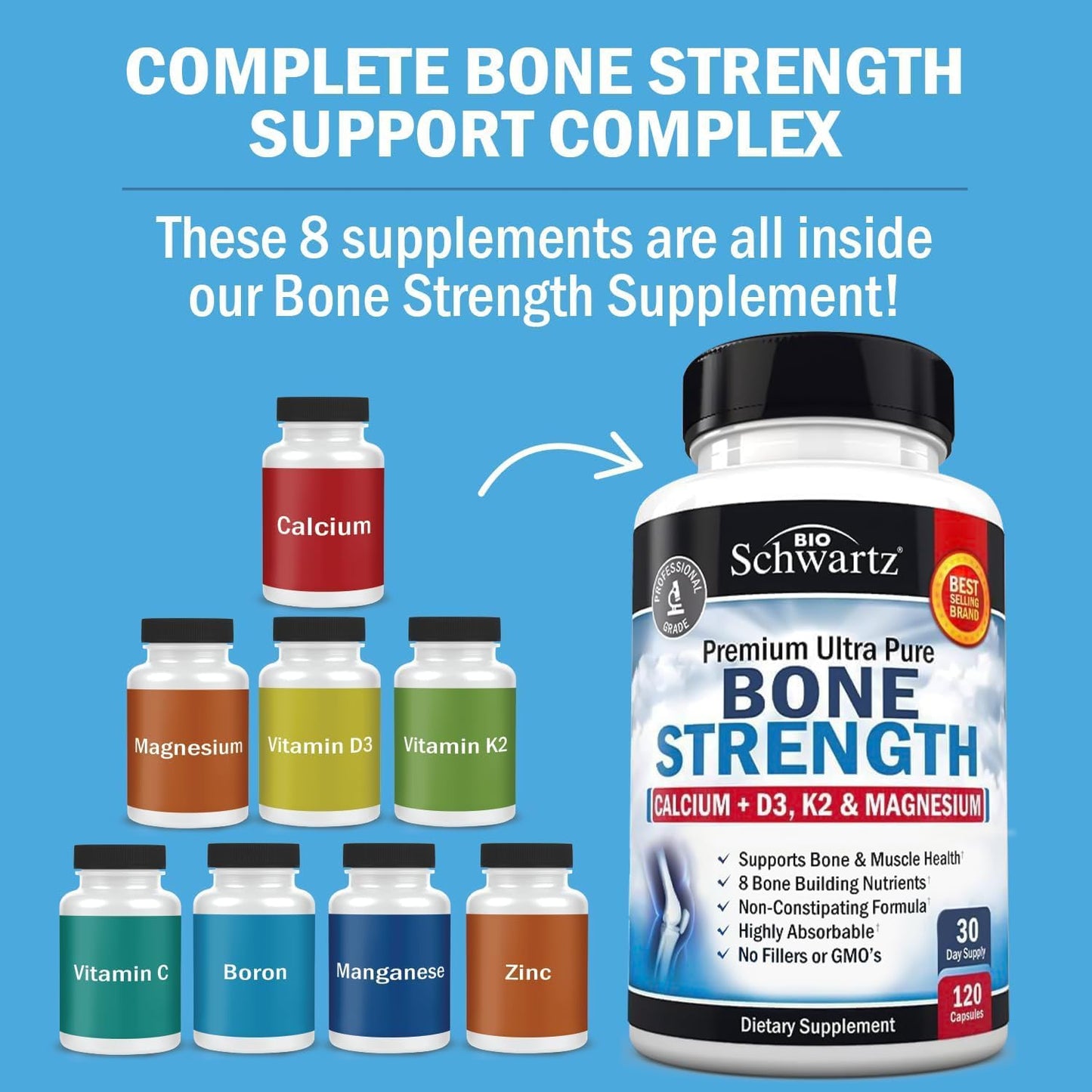BioSchwartz Bone Strength Calcium Supplement with Vitamin D3, K2, C, Magnesium, Zinc - 8 Bone Health Nutrients, High Absorption - 120 Veggie Capsules
