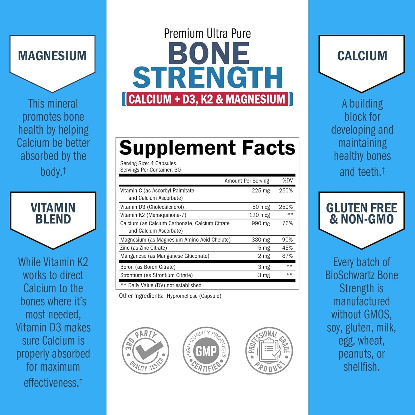 BioSchwartz Bone Strength Calcium Supplement with Vitamin D3, K2, C, Magnesium, Zinc - 8 Bone Health Nutrients, High Absorption - 120 Veggie Capsules