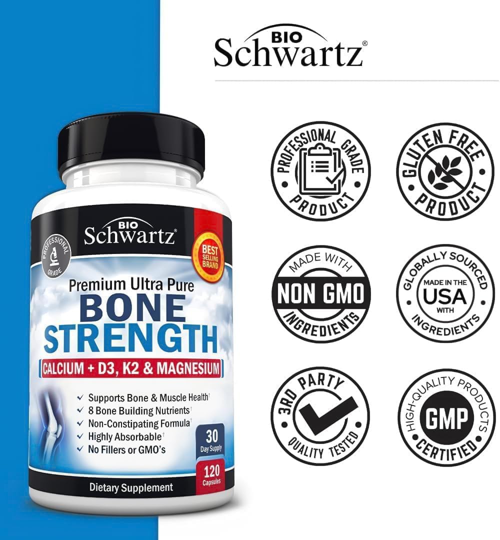 BioSchwartz Bone Strength Calcium Supplement with Vitamin D3, K2, C, Magnesium, Zinc - 8 Bone Health Nutrients, High Absorption - 120 Veggie Capsules