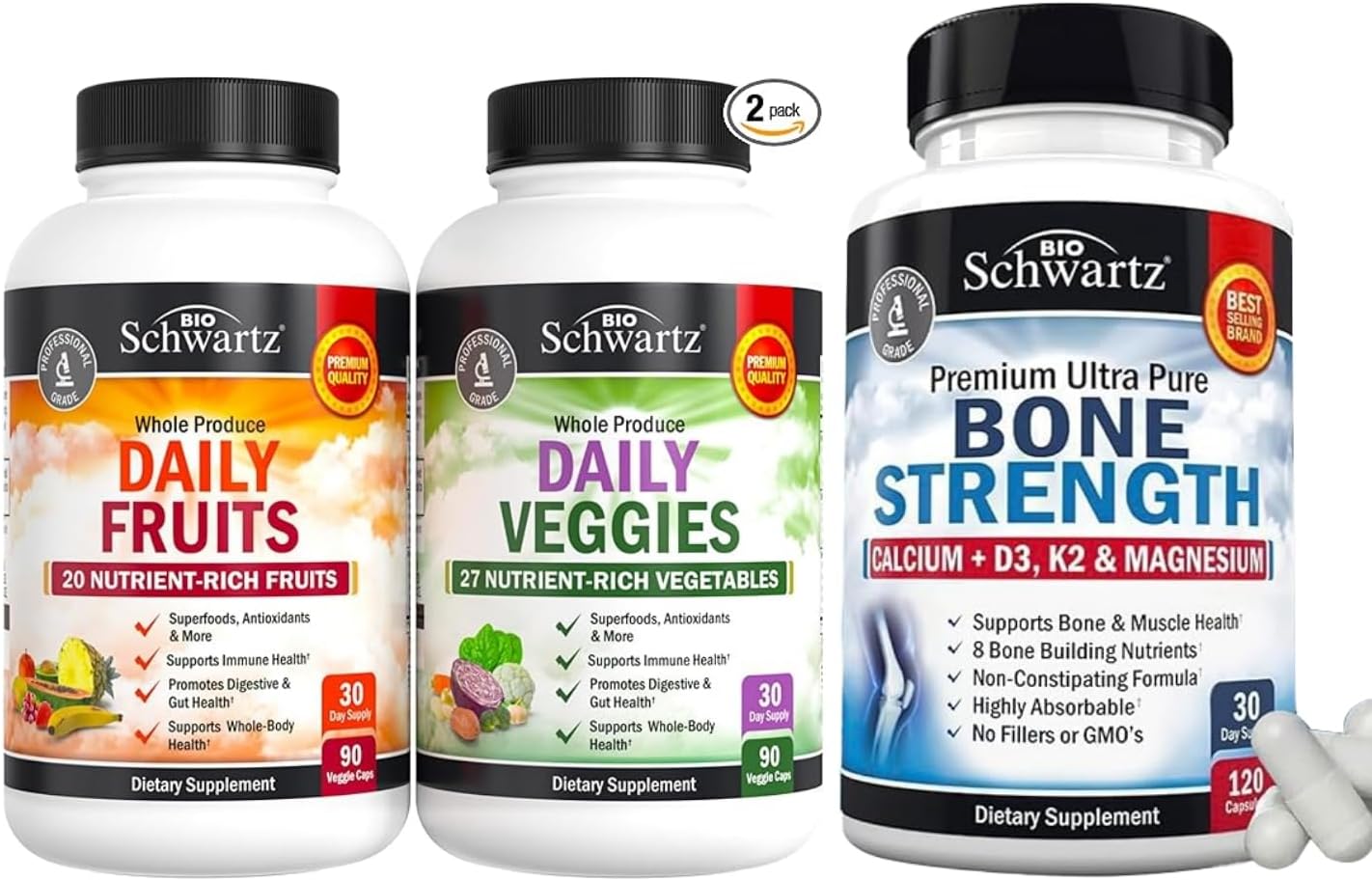 BioSchwartz Daily Fruits & Veggies + Bone Strength Mineral Supplement Bundle (1 Month Supply Each) for Men & Women