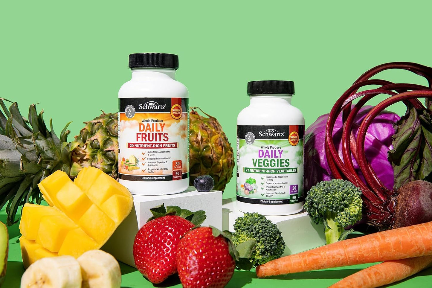 BioSchwartz Daily Fruits & Veggies + Bone Strength Mineral Supplement Bundle (1 Month Supply Each) for Men & Women