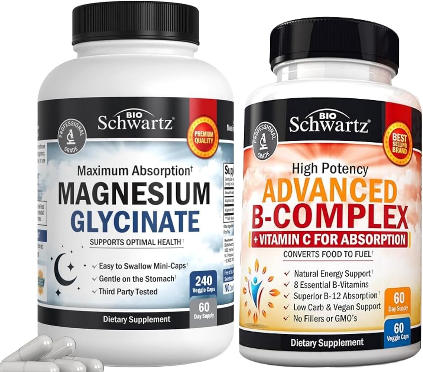 BioSchwartz Magnesium Glycinate 500mg Capsules & Vitamin B Complex with Vitamin C - 2 Month Supply