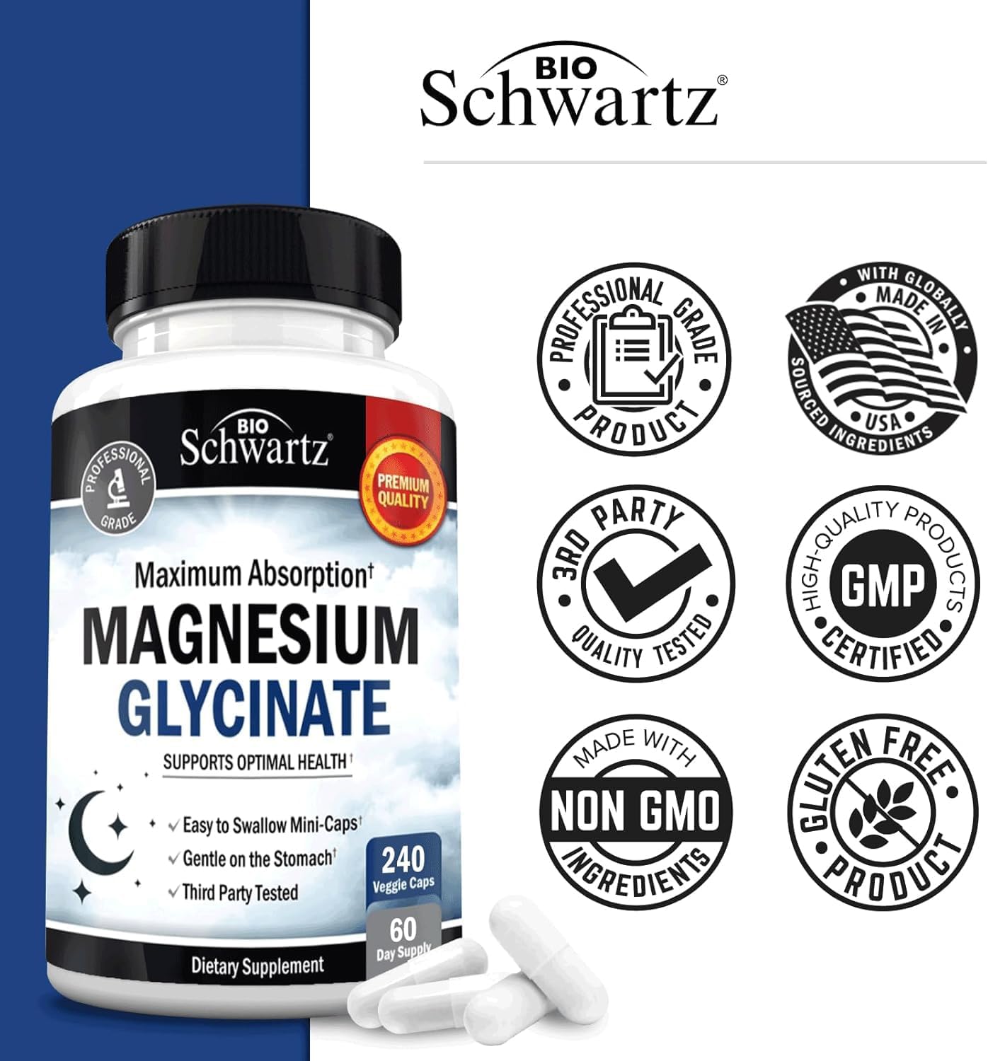 BioSchwartz Magnesium Glycinate 500mg Capsules & Vitamin B Complex with Vitamin C - 2 Month Supply