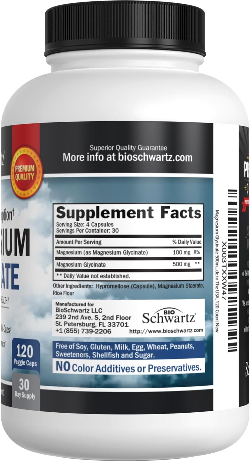 BioSchwartz Magnesium Glycinate Capsules - 500mg (120 Mini Caps) for Maximum Absorption - Vegan, Gluten-Free, Soy-Free, Non-GMO Supplement for Nerves, Muscles, Heart, Mood, and Sleep Support