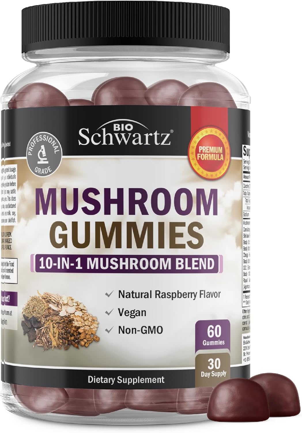 BioSchwartz Mushroom Gummies: 10-in-1 Functional Supplement for Mood and Focus - Lions Mane, Turkey Tail, Cordyceps, Shiitake, Reishi - Vegan, Non-GMO, Raspberry Flavor - 60 Count