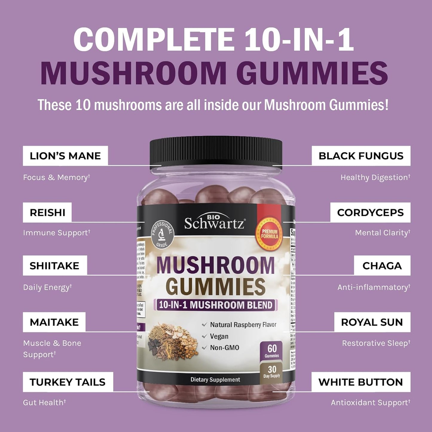 BioSchwartz Mushroom Gummies: 10-in-1 Functional Supplement for Mood and Focus - Lions Mane, Turkey Tail, Cordyceps, Shiitake, Reishi - Vegan, Non-GMO, Raspberry Flavor - 60 Count